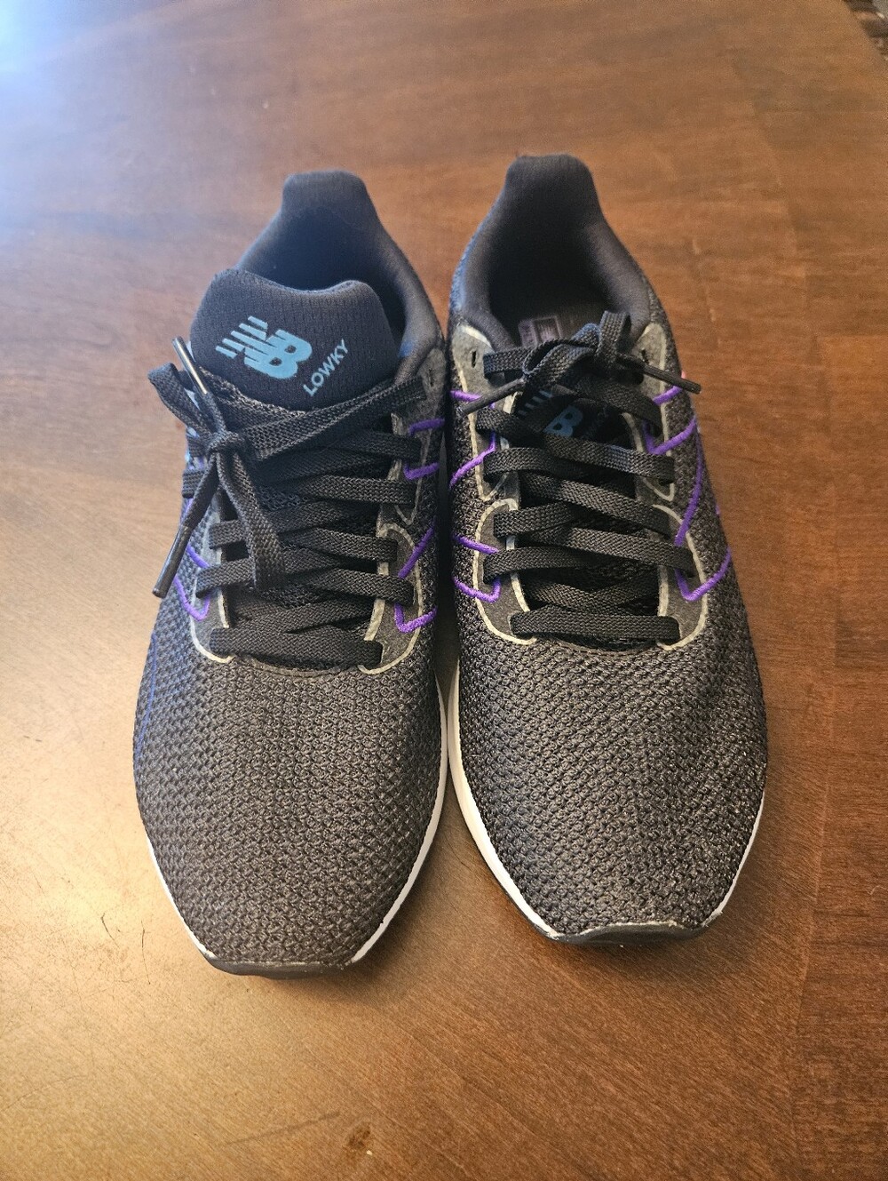New Balance Black Knit Sneakers with Purple Lacing and Blue Logo 8.5